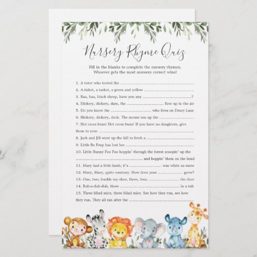 Safari Dieren Baby shower Kwekerij Rhyme Quiz spel (Voorkant / Achterkant)