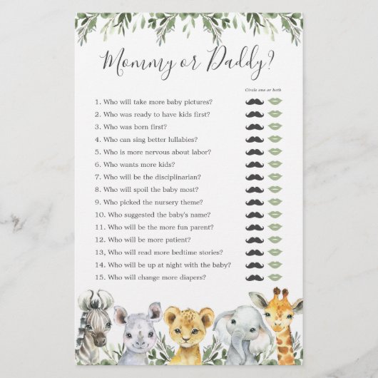Safari Dieren Baby shower Mama of Daddy Game (Voorkant)
