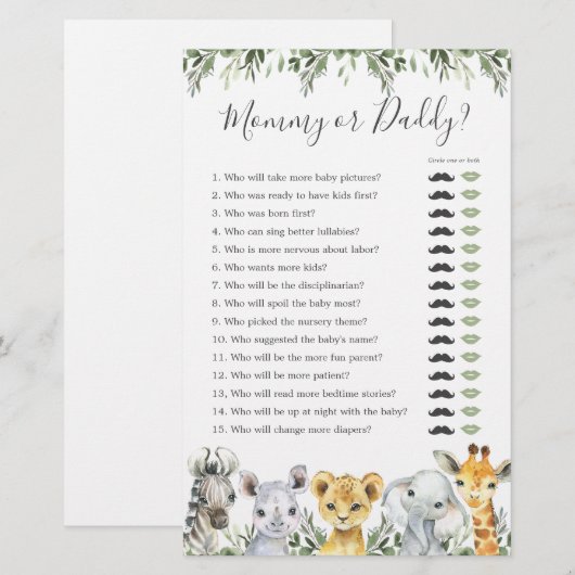 Safari Dieren Baby shower Mama of Daddy Game (Voorkant / Achterkant)