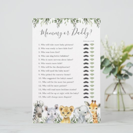 Safari Dieren Baby shower Mama of Daddy Game (Staand voorkant)