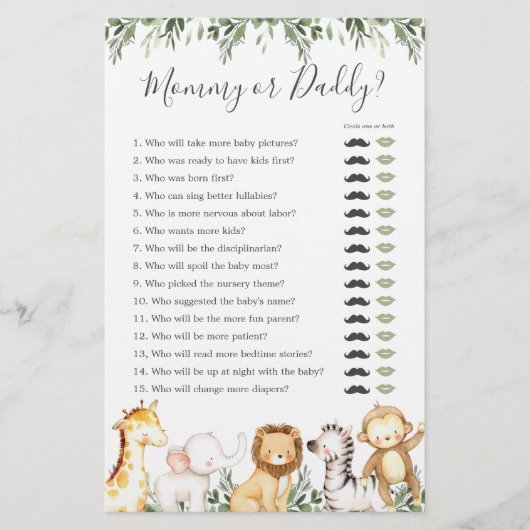Safari Dieren Baby shower Mama of Daddy Game (Voorkant)