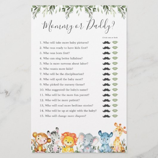 Safari Dieren Baby Shower Mamma of Papa Spel (Voorkant)
