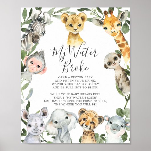 Safari Dieren Baby shower Mijn Water Broke teken Poster (Voorkant)