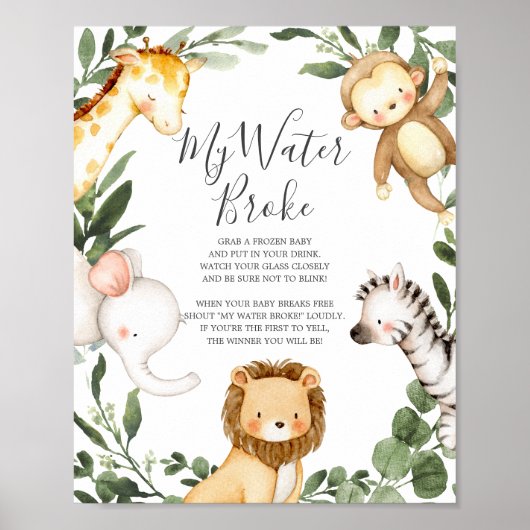 Safari Dieren Baby shower Mijn Water Broke teken Poster (Voorkant)