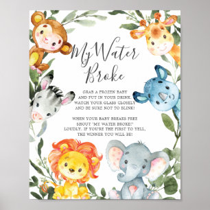 Safari Dieren Baby shower Mijn Water Broke teken Poster