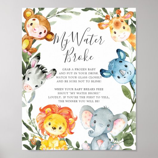 Safari Dieren Baby shower Mijn Water Broke teken Poster (Voorkant)