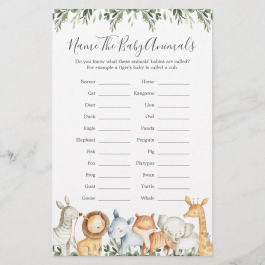 Safari Dieren Baby shower Noem de Baby Dieren (Voorkant)