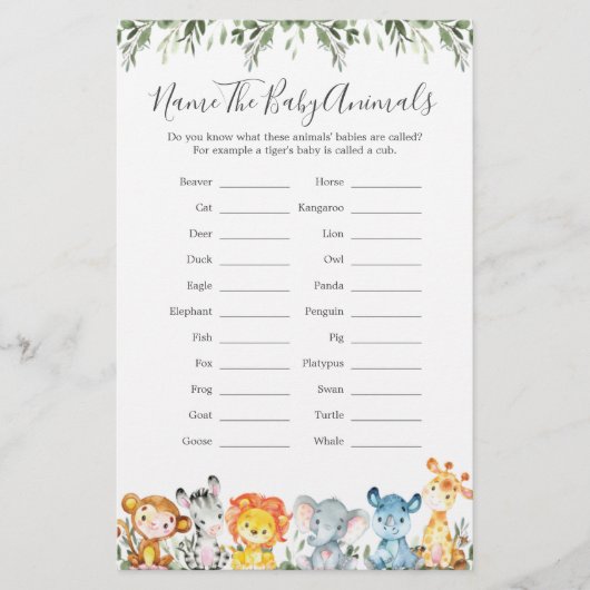 Safari Dieren Baby shower Noem de Baby Dieren (Voorkant)