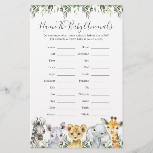 Safari Dieren Baby shower Noem de Baby Dieren (Voorkant)