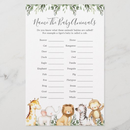 Safari Dieren Baby shower Noem de Baby Dieren (Voorkant)