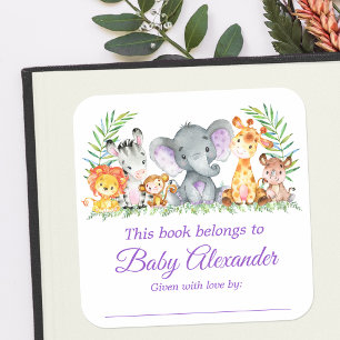 Safari Dieren Baby shower Paarse Bookplate Labels