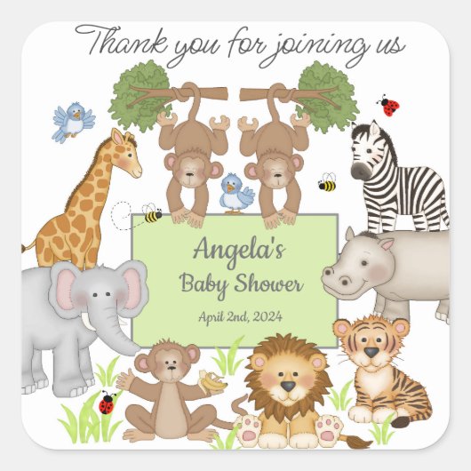 Safari Dieren Baby shower Party Vierkante Sticker (Voorkant)