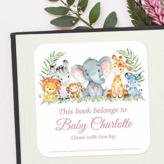 Safari Dieren Baby shower Roze Boekplaat Labels