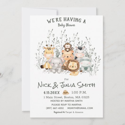 Safari Dieren Baby Shower Uitnodiging (Voorkant)