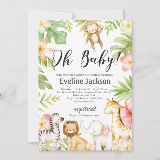 Safari Dieren Baby shower Uitnodiging Groen (Voorkant)