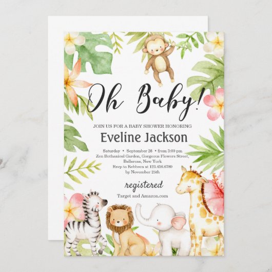 Safari Dieren Baby shower Uitnodiging Groen (Voorkant / Achterkant)