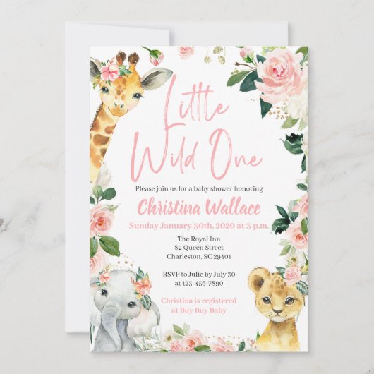Safari Dieren Baby Shower Uitnodigingen voor Meisj (Voorkant)