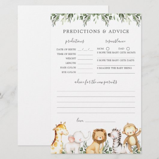 Safari Dieren Baby shower Voorspellingen en Advies (Voorkant / Achterkant)