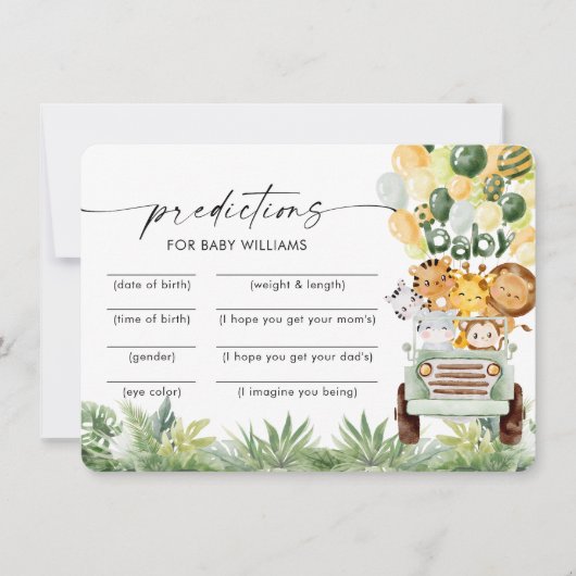Safari Dieren Baby Shower Voorspellingen Kaart (Voorkant)