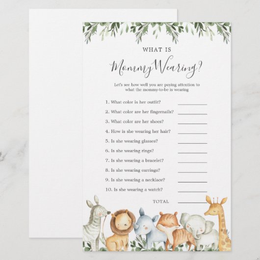 Safari Dieren Baby shower Wat draagt mama (Voorkant / Achterkant)