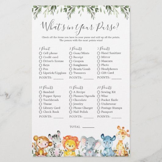 Safari Dieren Baby shower Wat zit er in je tas (Voorkant)