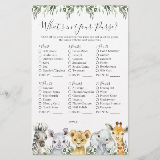 Safari Dieren Baby shower Wat zit er in je tas (Voorkant)