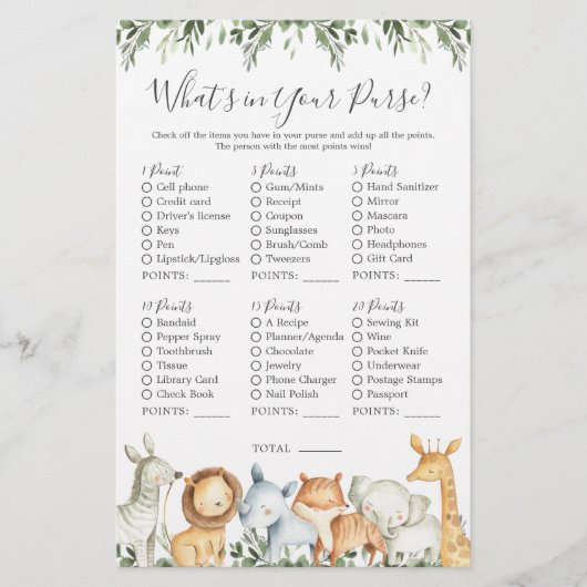 Safari Dieren Baby shower Wat zit er in je tas (Voorkant)