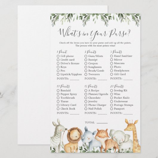 Safari Dieren Baby shower Wat zit er in je tas (Voorkant / Achterkant)