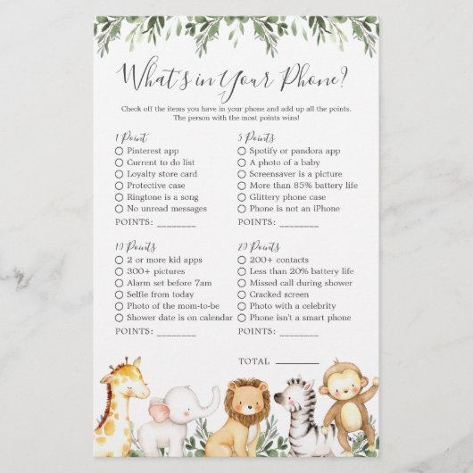 Safari Dieren Baby shower Wat zit er in je telefoo (Voorkant)