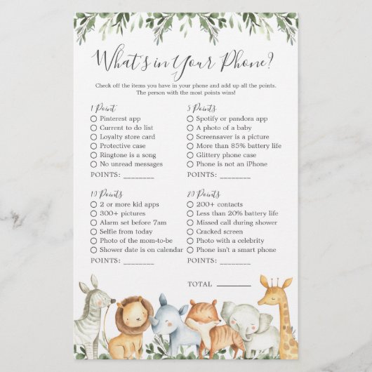 Safari Dieren Baby shower Wat zit er in je telefoo (Voorkant)