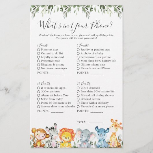 Safari Dieren Baby shower Wat zit er in je telefoo (Voorkant)