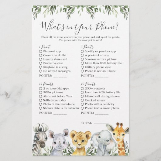 Safari Dieren Baby shower Wat zit er in je telefoo (Voorkant)