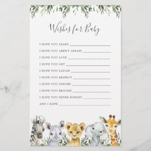 Safari Dieren Baby shower Wensen voor Baby (Voorkant)