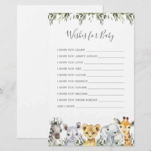 Safari Dieren Baby shower Wensen voor Baby (Voorkant / Achterkant)