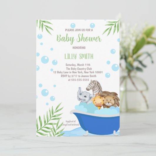 Safari Dieren Bad Tijd Baby Shower Uitnodiging (Staand voorkant)