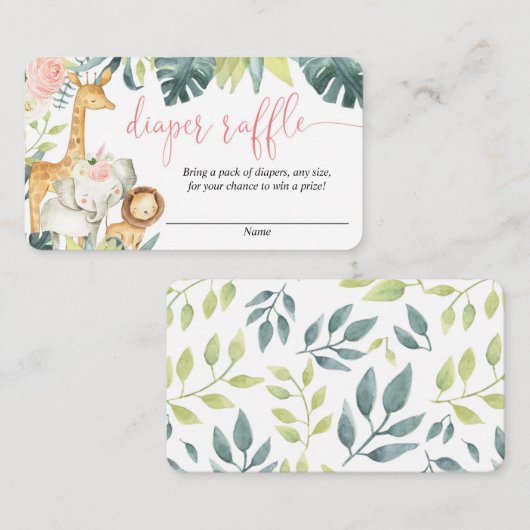 Safari dieren blush roze meisje luier loterij kaar informatiekaartje (Voorkant / Achterkant)