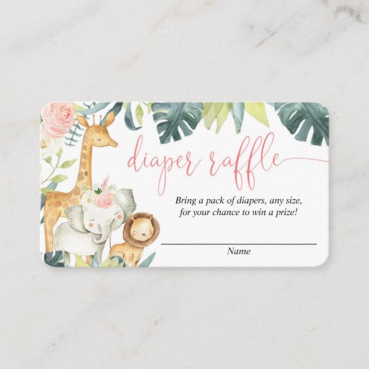 Safari dieren blush roze meisje luier loterij kaar informatiekaartje (Voorkant)