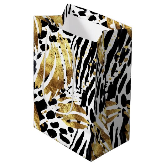 Safari Dieren Bont Prints Patronen Goud en Zwart Medium Cadeauzakje (Voorkant Gekanteld)
