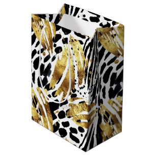 Safari Dieren Bont Prints Patronen Goud en Zwart Medium Cadeauzakje