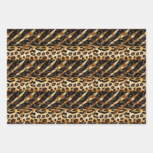 Safari Dieren Bont Prints Patronen Zwart en Goud Inpakpapier Vel (Voorkant 3)