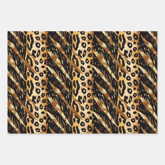 Safari Dieren Bont Prints Patronen Zwart en Goud Inpakpapier Vel (Voorkant)