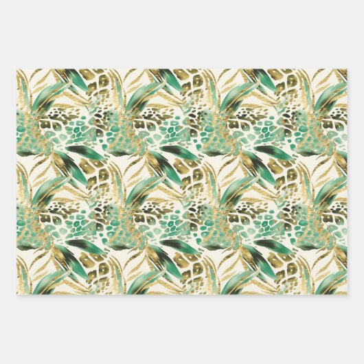 Safari Dieren' Bont Prints Patroon Groen en Goud Inpakpapier Vel (Voorkant 3)