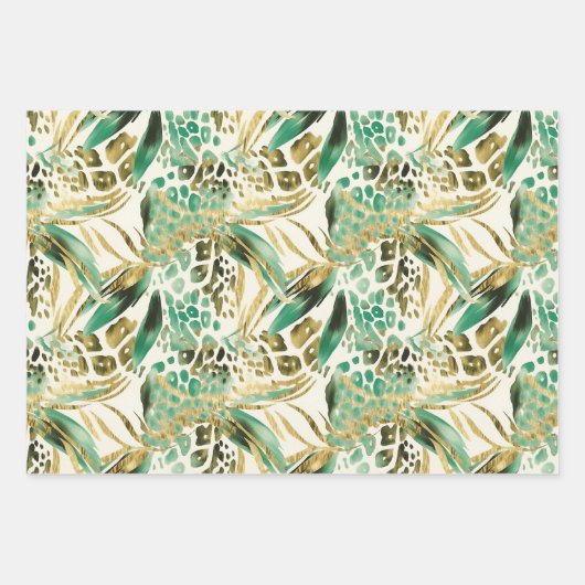 Safari Dieren' Bont Prints Patroon Groen en Goud Inpakpapier Vel (Voorkant)