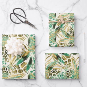 Safari Dieren' Bont Prints Patroon Groen en Goud Inpakpapier Vel