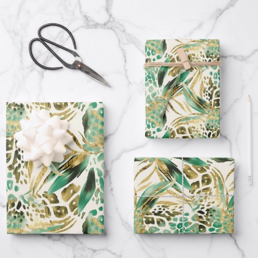Safari Dieren' Bont Prints Patroon Groen en Goud Inpakpapier Vel (Voorkant)