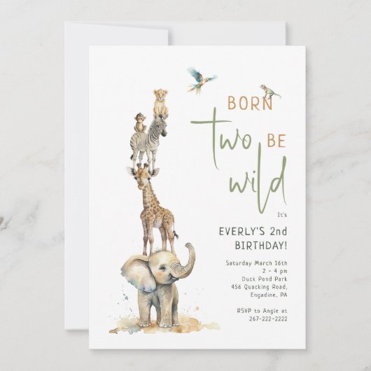 Safari Dieren "Born Two Be Wild" Kinderen Verjaard Kaart (Voorkant)