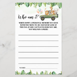 Safari Dieren die ik Baby shower Game Kaart ben