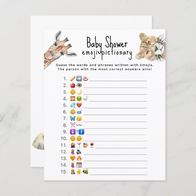 Safari dieren - Emoji afbeelding spel baby shower (Voorkant / Achterkant)