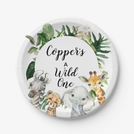 Safari Dieren Foliage Birthday Party Bord (Voorkant)