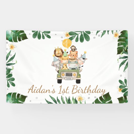 Safari Dieren Gele Ballon Verjaardagsbanner Spandoek (Horizontaal)